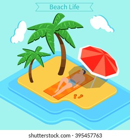 Beach Vacation. Summer Time. Tropical Exotic Island. Man under Palm Trees. Isometric Concept. Vector flat 3d illustration