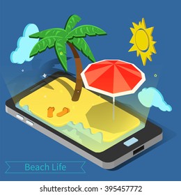 Beach Vacation. Summer Time. Tropical Exotic Island. Advertisement Banner. Palm Trees. Isometric Concept. Vector illustration