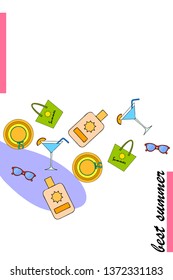 Beach vacation. Sunglasses, hat, beach bag, cocktail, sunscreen. Vector background.