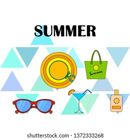 Beach vacation. Sunglasses, hat, beach bag, cocktail, sunscreen. Vector background.