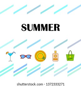Beach vacation. Sunglasses, hat, beach bag, cocktail, sunscreen. Vector background.
