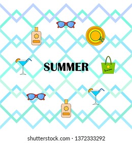 Beach vacation. Sunglasses, hat, beach bag, cocktail, sunscreen. Vector background.