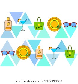 Beach vacation. Sunglasses, hat, beach bag, cocktail, sunscreen. Vector background.