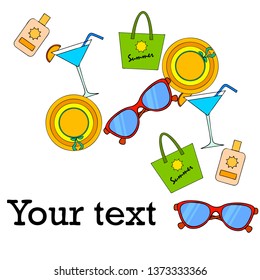 Beach vacation. Sunglasses, hat, beach bag, cocktail, sunscreen. Vector background.