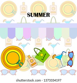 Beach vacation. Sunglasses, hat, beach bag, cocktail, sunscreen. Vector background.