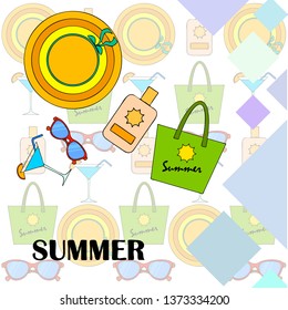 Beach vacation. Sunglasses, hat, beach bag, cocktail, sunscreen. Vector background.