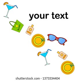 Beach vacation. Sunglasses, hat, beach bag, cocktail, sunscreen. Vector background.
