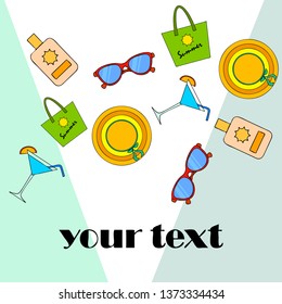Beach vacation. Sunglasses, hat, beach bag, cocktail, sunscreen. Vector background.