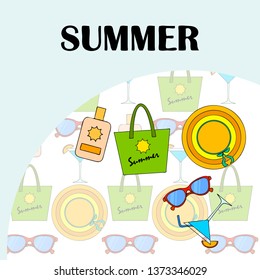Beach vacation. Sunglasses, hat, beach bag, cocktail, sunscreen. Vector background.