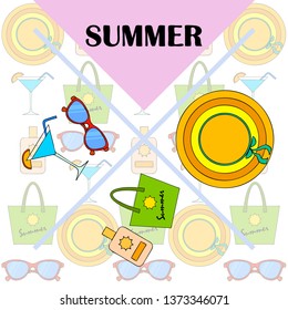 Beach vacation. Sunglasses, hat, beach bag, cocktail, sunscreen. Vector background.