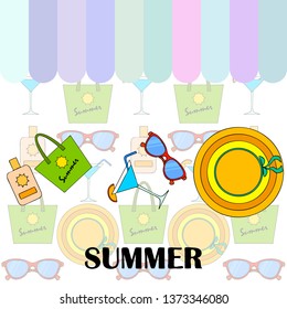 Beach vacation. Sunglasses, hat, beach bag, cocktail, sunscreen. Vector background.