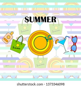 Beach vacation. Sunglasses, hat, beach bag, cocktail, sunscreen. Vector background.