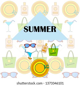 Beach vacation. Sunglasses, hat, beach bag, cocktail, sunscreen. Vector background.