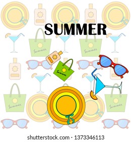 Beach vacation. Sunglasses, hat, beach bag, cocktail, sunscreen. Vector background.