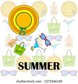 Beach vacation. Sunglasses, hat, beach bag, cocktail, sunscreen. Vector background.