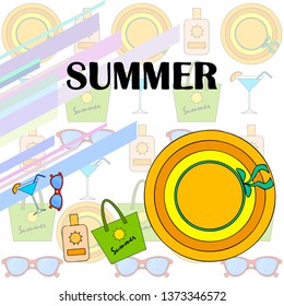 Beach vacation. Sunglasses, hat, beach bag, cocktail, sunscreen. Vector background.