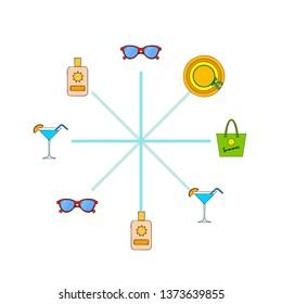 Beach vacation. Sunglasses, hat, beach bag, cocktail, sunscreen. Vector background.