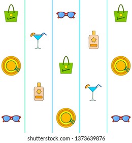 Beach vacation. Sunglasses, hat, beach bag, cocktail, sunscreen. Vector background.
