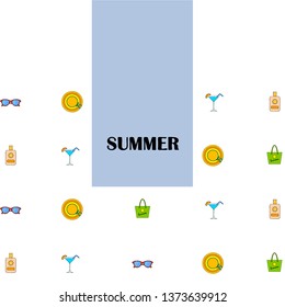 Beach vacation. Sunglasses, hat, beach bag, cocktail, sunscreen. Vector background.