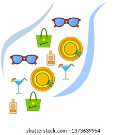 Beach vacation. Sunglasses, hat, beach bag, cocktail, sunscreen. Vector background.