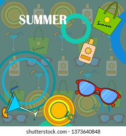 Beach vacation. Sunglasses, hat, beach bag, cocktail, sunscreen. Vector background.
