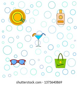 Beach vacation. Sunglasses, hat, beach bag, cocktail, sunscreen. Vector background.