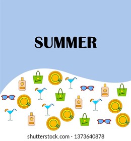 Beach vacation. Sunglasses, hat, beach bag, cocktail, sunscreen. Vector background.