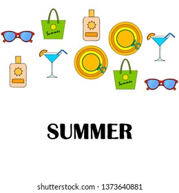 Beach vacation. Sunglasses, hat, beach bag, cocktail, sunscreen. Vector background.
