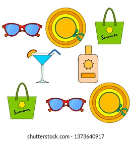 Beach vacation. Sunglasses, hat, beach bag, cocktail, sunscreen. Vector background.