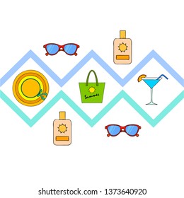 Beach vacation. Sunglasses, hat, beach bag, cocktail, sunscreen. Vector background.