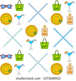 Beach vacation. Sunglasses, hat, beach bag, cocktail, sunscreen. Vector background.