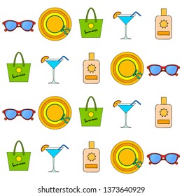 Beach vacation. Sunglasses, hat, beach bag, cocktail, sunscreen. Vector background.