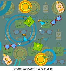 Beach vacation. Sunglasses, hat, beach bag, cocktail, sunscreen. Vector background.