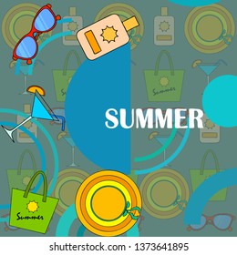 Beach vacation. Sunglasses, hat, beach bag, cocktail, sunscreen. Vector background.