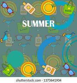Beach vacation. Sunglasses, hat, beach bag, cocktail, sunscreen. Vector background.