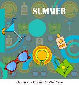 Beach vacation. Sunglasses, hat, beach bag, cocktail, sunscreen. Vector background.