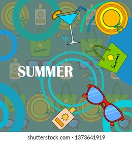 Beach vacation. Sunglasses, hat, beach bag, cocktail, sunscreen. Vector background.