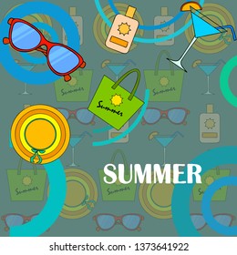 Beach vacation. Sunglasses, hat, beach bag, cocktail, sunscreen. Vector background.