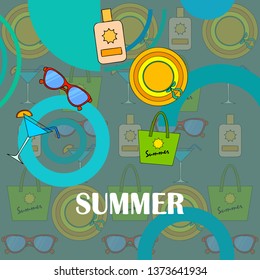 Beach vacation. Sunglasses, hat, beach bag, cocktail, sunscreen. Vector background.