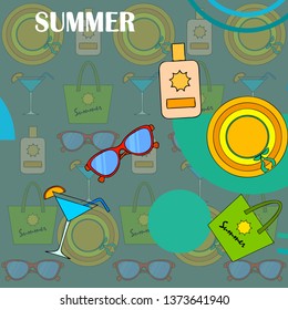 Beach vacation. Sunglasses, hat, beach bag, cocktail, sunscreen. Vector background.