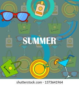 Beach vacation. Sunglasses, hat, beach bag, cocktail, sunscreen. Vector background.