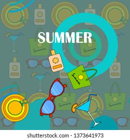 Beach vacation. Sunglasses, hat, beach bag, cocktail, sunscreen. Vector background.