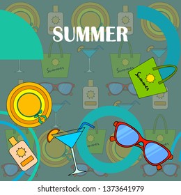Beach vacation. Sunglasses, hat, beach bag, cocktail, sunscreen. Vector background.