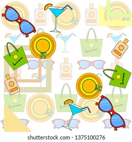 Beach vacation. Sunglasses, hat, beach bag, cocktail, sunscreen. Vector background.
