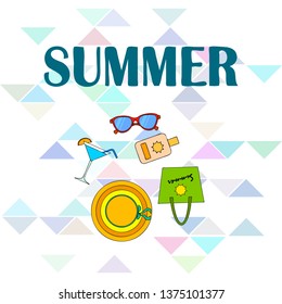 Beach vacation. Sunglasses, hat, beach bag, cocktail, sunscreen. Vector background.