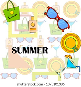 Beach vacation. Sunglasses, hat, beach bag, cocktail, sunscreen. Vector background.