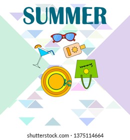 Beach vacation. Sunglasses, hat, beach bag, cocktail, sunscreen. Vector background.