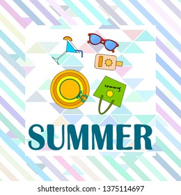 Beach vacation. Sunglasses, hat, beach bag, cocktail, sunscreen. Vector background.