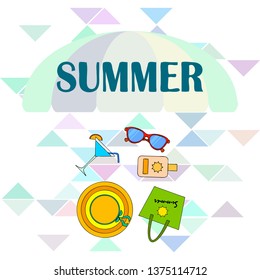 Beach vacation. Sunglasses, hat, beach bag, cocktail, sunscreen. Vector background.