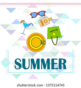 Beach vacation. Sunglasses, hat, beach bag, cocktail, sunscreen. Vector background.